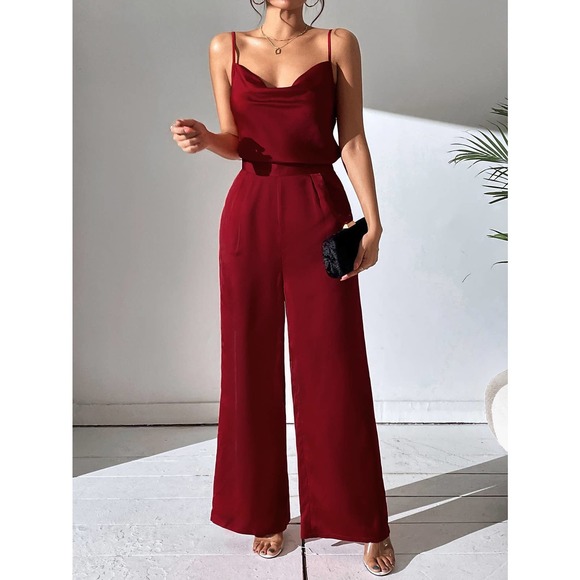 2 piece set: Draped Collar Cami Top Wide Leg Pants maroon red - Picture 1 of 11